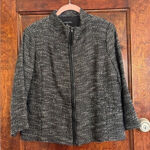 Women's EILEEN FISHER Jacket Cotton Linen Tweed Leather Trim Blazer Full Zip